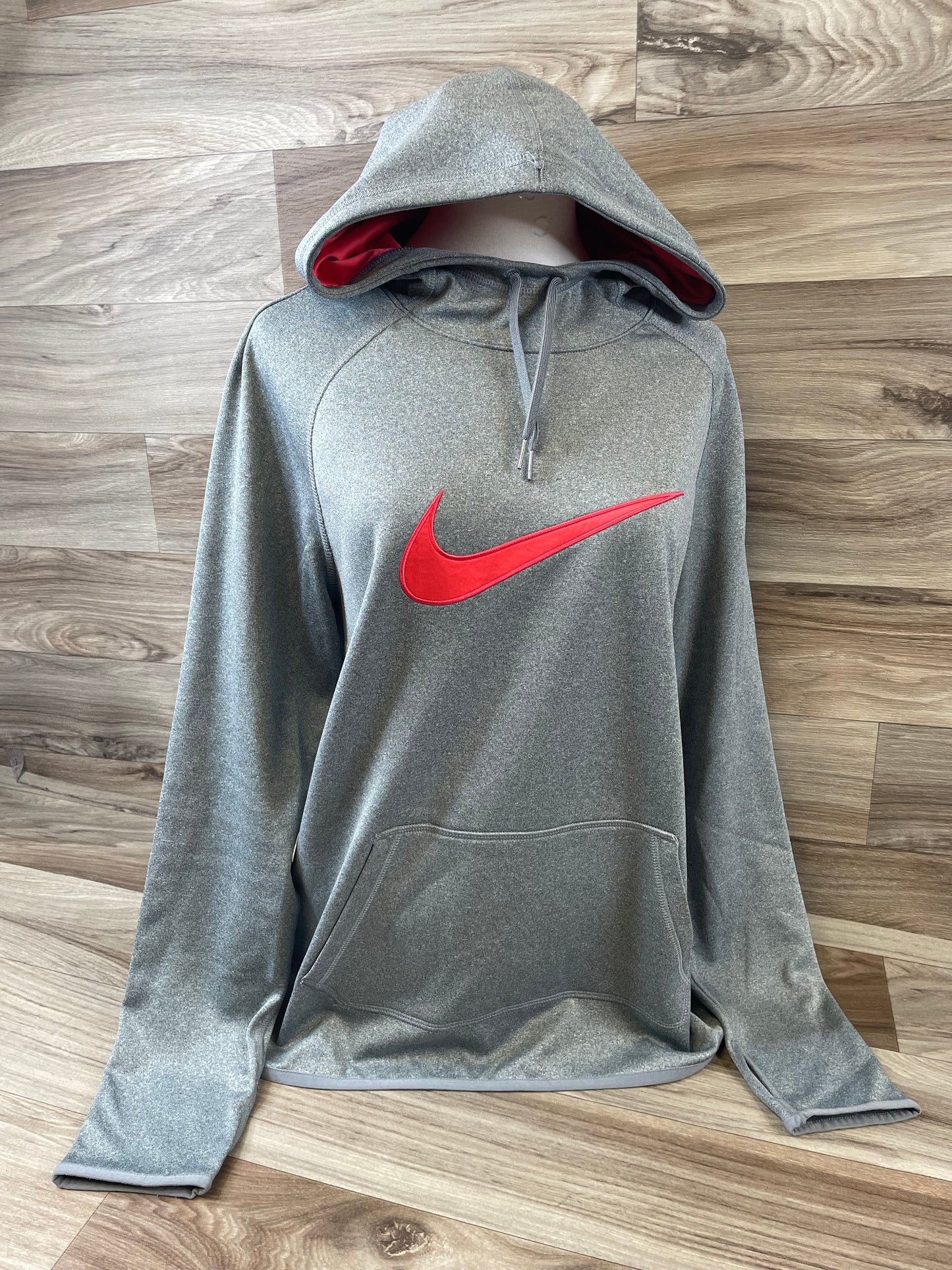 Athletic Sweatshirt Hoodie By Nike Apparel In Grey & Orange, Size: L