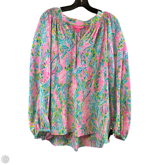 Top Long Sleeve Designer By Lilly Pulitzer In Green & Pink, Size: L