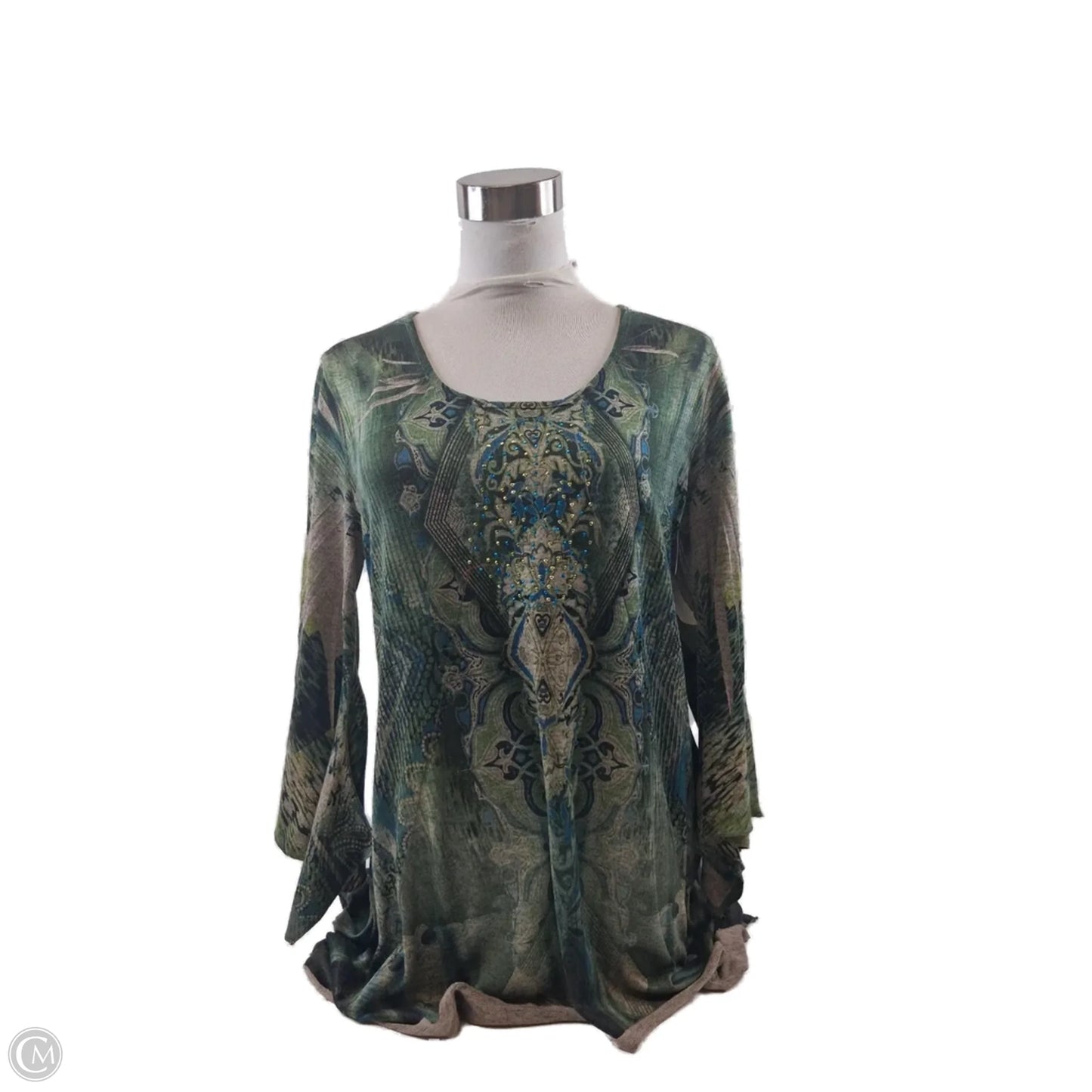 Top 3/4 Sleeve By One World In Green & Tan, Size: M