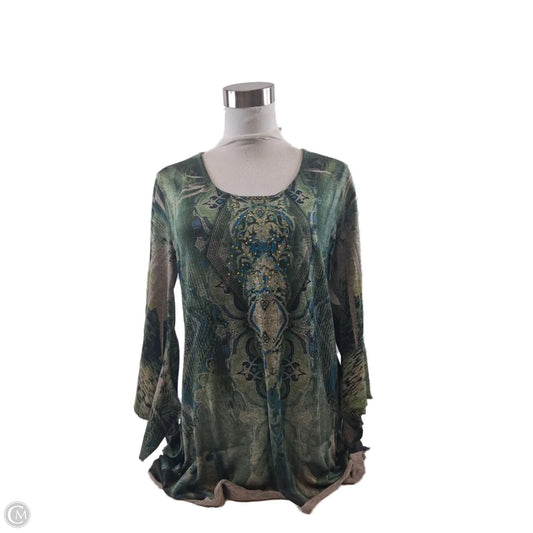 Top 3/4 Sleeve By One World In Green & Tan, Size: M