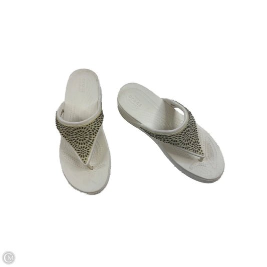 Sandals Heels Wedge By Crocs In Green & White, Size: 9