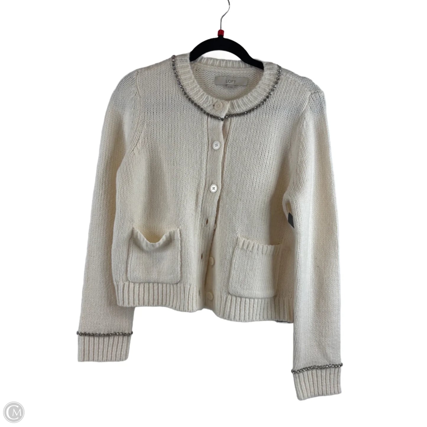 Sweater Cardigan By Loft In Cream & Silver, Size: M